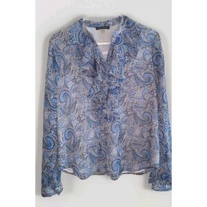 Tommy Hilfiger XS Blue Tan Paisley Print Ruffled Blouse Women's Long Sleeve